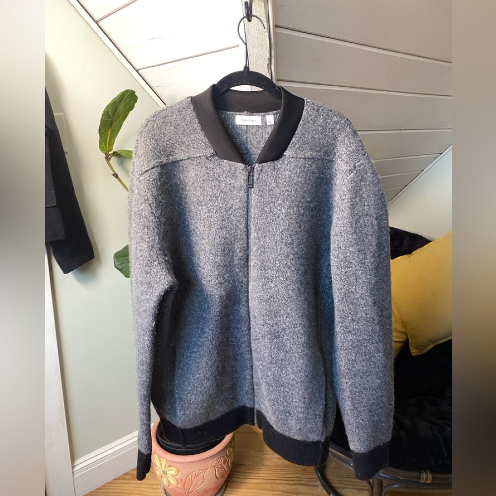 Calvin Klein Mens Contrasting Collar Bomber Jacket, Grey Size Large 100% Wool